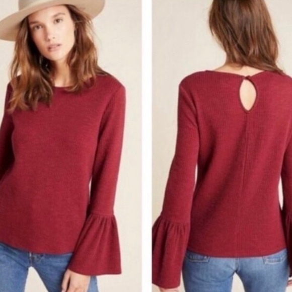 ❤️ ANTHROPOLOGIE Red Ribbed Scoop Neck Long Bell Sleeve Top - Picture 3 of 6